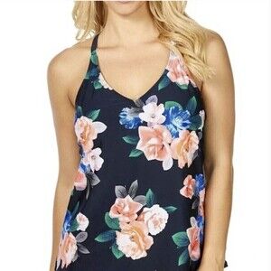 Island Escape Floral Print Black Racerback Padded Tank Bikini Swim Top Size 10